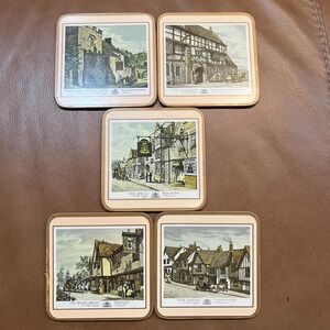 Vintage Pimpernel Old English Inns Cork-backed Coasters Set‎ of 5 Pub Scenes